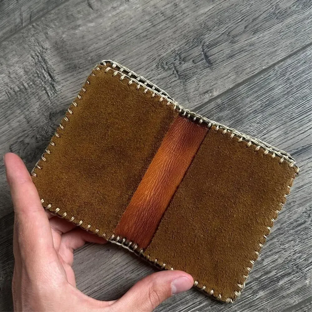 Vintage Boho Retro Western Brown Stitched Suede Leather Wallet Card Holder